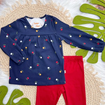 Conj. Bata Manga Longa Florzinhas e Calça Legging - Marinho e Vermelho